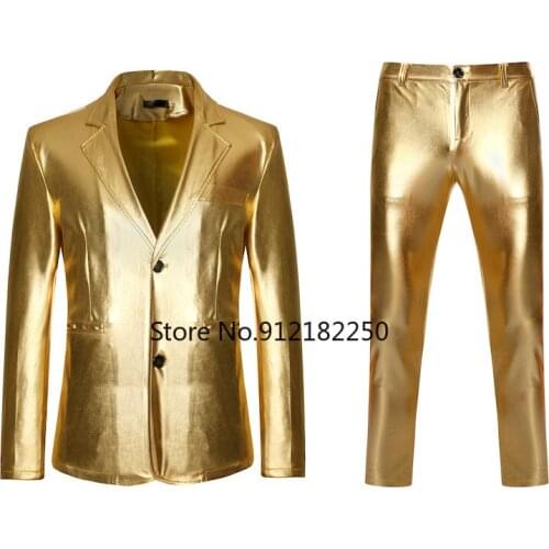 Mens Shiny Gold 2 Pieces Suits (Blazer+Pants) Terno Masculino Fashion Party DJ Club Dress Tuxedo Suit Men Stage Singer Clothes