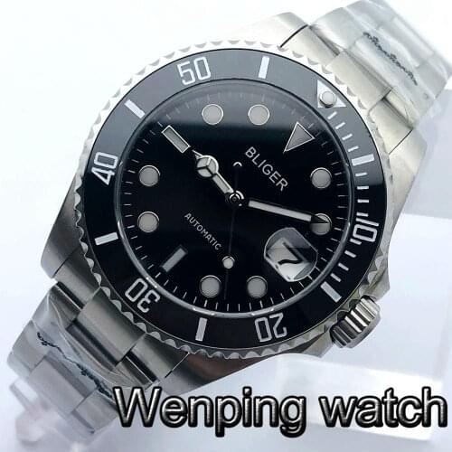 Bliger 43mm Mens Top Casual Business Watch Sapphire Glass Ceramic Bezel Black Dial Japan NH35A Movement Mens Automatic Watch