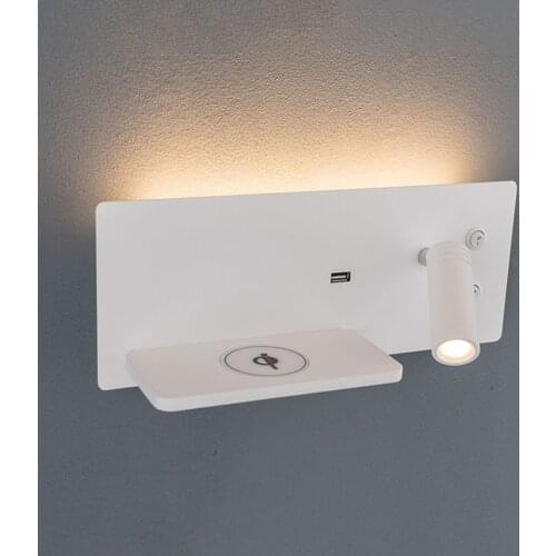 Sanmusion headboard wall lights usb wireless charger function phone shelf led reading lamp indoor bedroom study night lights