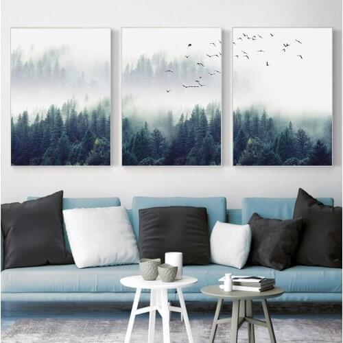 Nordic Fog Forest Birds Landscape Canvas Painting Poster Print Wall Art Picture Living Room Home Office Decor Cuadros