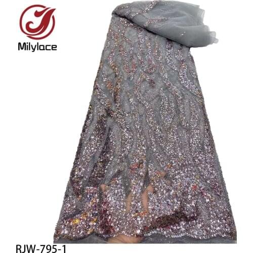 Latest Handmade Sequins Lace Fabrics High Quality African Beaded Tulle Fabric Embroidery Lace with Bead Tube for Wedding RJW-795