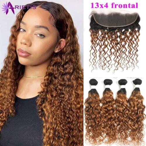 Ombre Bundles With Frontal Water Wave Hair Bundles With Closure 1B 30 Two Tone Lace Frontal With Bundles 100% Human Virgin Hair