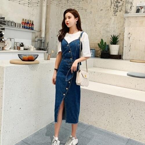 Summer Fashion Women Straps Denim Dress Bow High Waist Mid Calf Long Dress Single Breasted Buttons Slim Fit Suspender Dresses