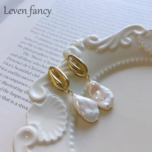925 Sterling Silver Irregular Shape Natural Freshwater Baroque Pearl Drop Earrings with Golden Shells Post Earrings for Girls