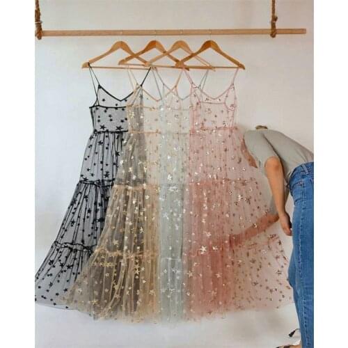 Womens Lace Mesh Spaghetti Straps See Through Cover Sexy See Through Baggy Ladies Stars Beach Bling Bling Long Dress