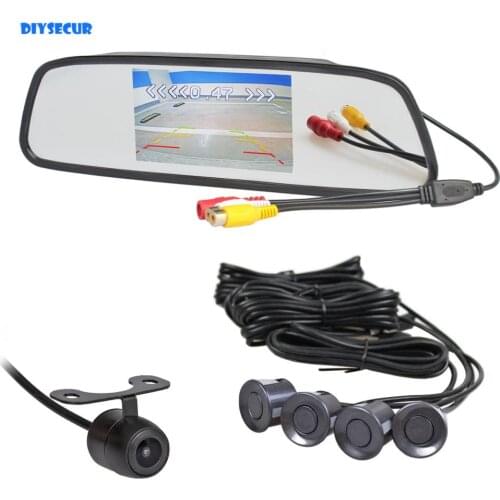 DIYSECUR 5" Rear View Mirror Monitor Car Monitor + Rear View Car Camera Video Parking Radar + 4 Sensors