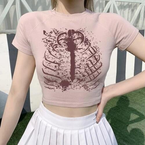 Aesthetic skeleton womens T-shirt Harajuku Y2K pink sweet girl 90s slim skull print fun vintage grunge graphic clothes crop top