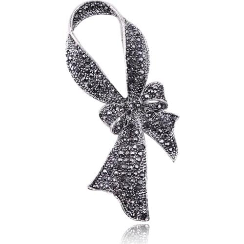 Vintage Crystal Bowknot Brooch Clothing Jewelry Fashion Gun Black Rhinestone Brooch Women Suit Collar Pin