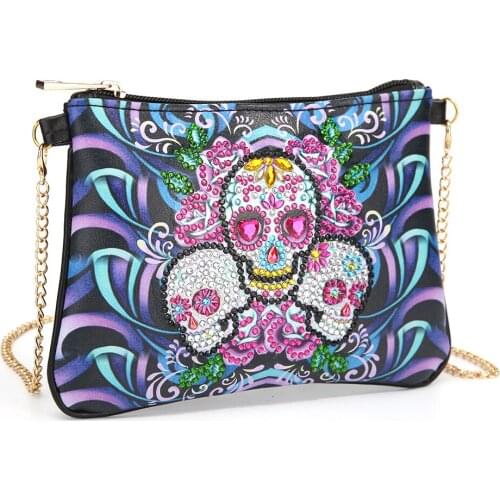 DIY Special Shape Diamond Painting Wallet Skull Pattern Chain Shoulder Bag Leather Women Clutch Storage Bag Birthday Gift