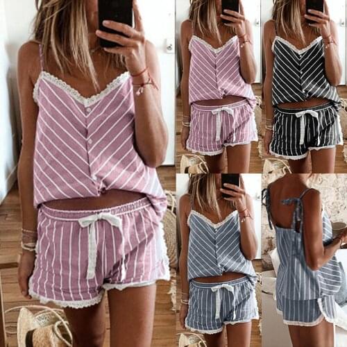 Fanceey Womens Striped Pajama Set French Style Camisole Lace Sleepwear Pajamas Set Women Home Clothes Sleeveless Shorts M-2XL