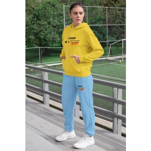 Angemiel Wear I Wanna Be A Dragon Women Tracksuit Set Yellow Hooded Sweatshirt Blue Sweatpants