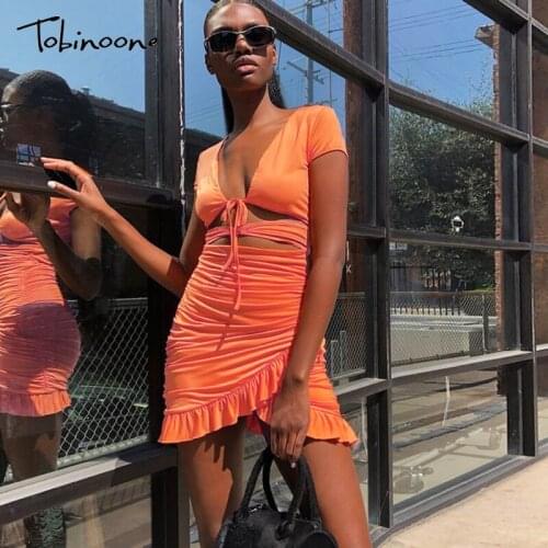 Tobinoone Hollow Out Sexy Summer Dress Women Lace Up Bandage Bodycon Dress Fashion Deep V Neck Ruched Mini Party Dresses