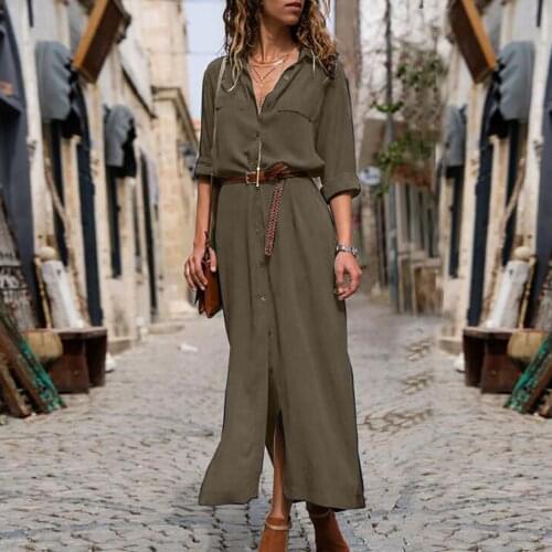 Hillsionly Plus Size Womens Solid Color Long Sleeve Single-breasted Capel Collar Chiffon Belt Dresses Vestidos Mujer Verano2021