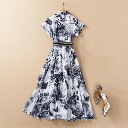 New 2021 Summer Hot Sale Dress High Quality Women Turn-down Collar Vintage Prints Short Sleeve Mid-Calf Casual Dress With Belt