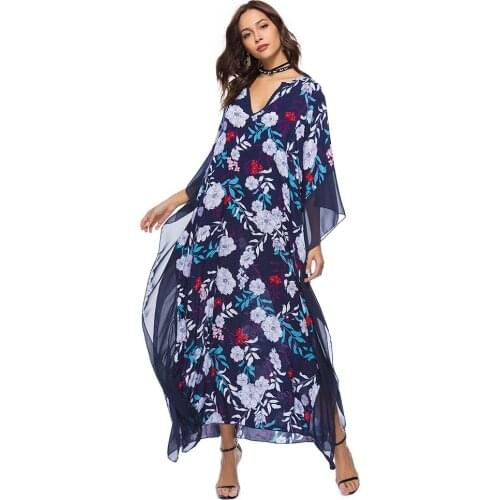 Women V-neck Loose Dress Summer Fashionbatwing Sleeve Long Vestidos Dresses Women Russian Style Bohemian Casual Beach Dress