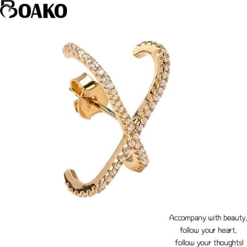 BOAKO 1PC Fashion Trend X 925 Sterling Silver Earrings Zircon Crystal Stud Earrings For Cool Girls Ladies Gift Birthday Party