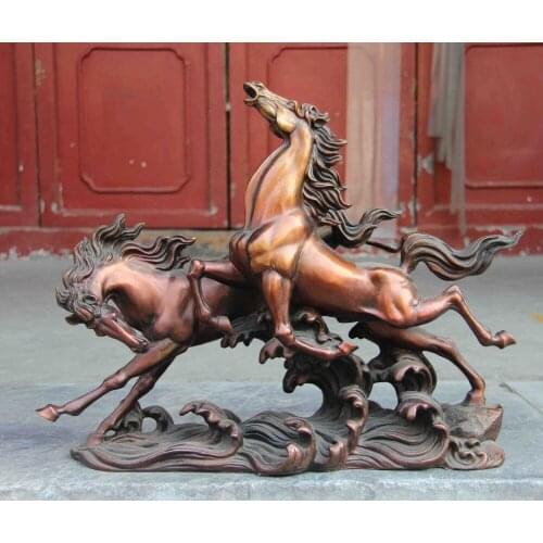 15 China Royal Pure Red Bronze Copper Feng shui Lucky Two War Horse Steed Statue