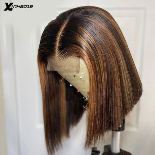 150% Highlight Ombre Color Short Bob Cut Blunt Pixie 5*5'' Silk Base Lace Front Human Hair Wigs For Women Brazilian Remy