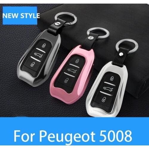 Car Key Cover Zinc Alloy+Leather Case Bag Keychain Skin Set Car accessories For Peugeot 5008 2017-2019