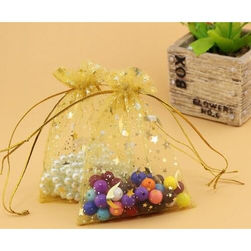 Free Shipping Wholesale 200pcs/lot 7x9cm Gold Star Moon Christmas /Wedding Drawable Organza Voile Gift Packaging Bags&Pouches