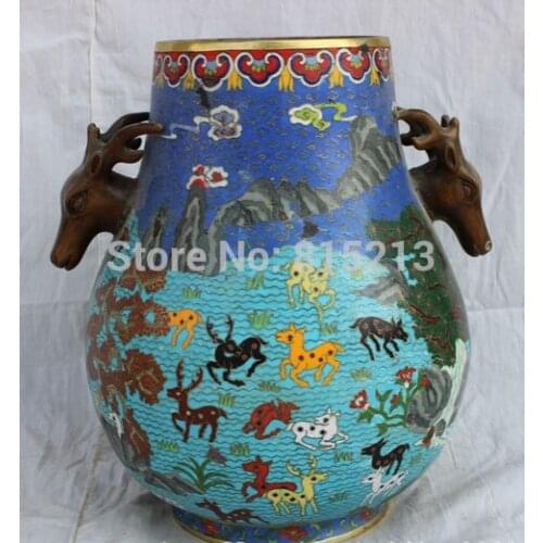 Bi001323 12" Folk Chinese Cloisonne Purple Bronze Palace Deer Head Statue Jar Pot Tank