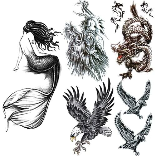 Large Unique Mermaid Temporary Tattoos For Women Men Eagle Tatoos Realistic Waterproof Dragon Fake Tattoo Sticker Body Arms Legs