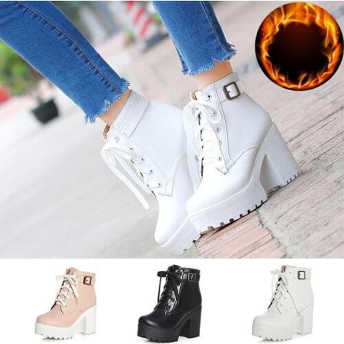 LIN KING Plus Size Warm Plush Women Winter Ankle Boots Platform High Heels Motorcycle Boots Woman Buckle Thick Heel Short Botas