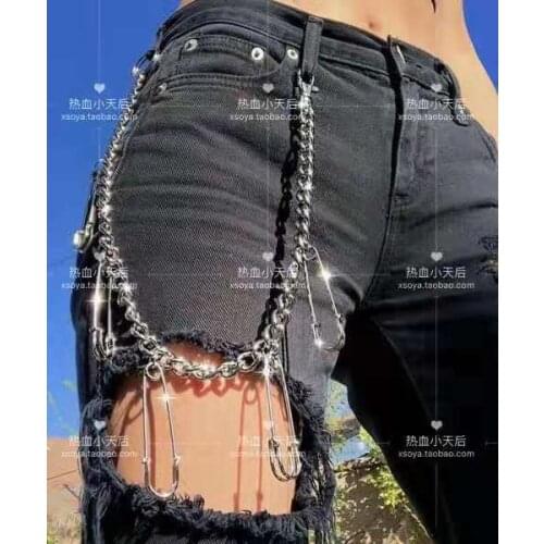 Punk Street Pin Belt Waist Chain Male Women Pants Chain Multi Layer HipHop Hook Trousers Keychain Jewelry