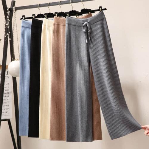 Thick Wide Leg Knitted Pants Women Lace Up drape Autumn Winter Straight Long Pants Women Fashion Warm Loose Knit Trousers C7628