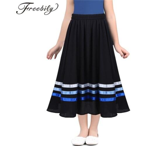 Kids Girls Chiffon Elastic Waist Pull-On Full Circle Ribbons Decorated Skirt Dance Dress for Ballet Stage Performance Dance Wear