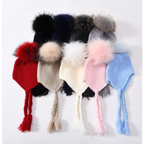 Children Kids Fur Pompons Earflap Hat Tassel Crochet Braids Beanie Hat Natural Fur Caps for Baby Real Raccoon Fur Bobble Hats