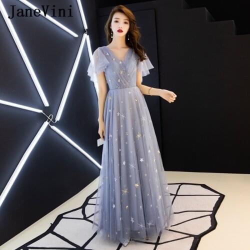 JaneVini 2020 Elegant Gray Blue Long Prom Dresses with Sashes A Line V Neck Short Sleeve Star Pattern Sequins Tulle Formal Dress
