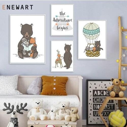 Brown Bear Hot Air Balloon Canvas Painting Child Poster Nursery Cartoon Animal Wall Art Nordic Kid Baby Room Decor Picture