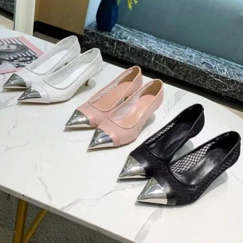 Mesh Pumps Women Mental Toe Mid Heels Genuine Leather Patchwork Dress Shoes for Women 2021 New Summer Luxury Brand Design Shoes