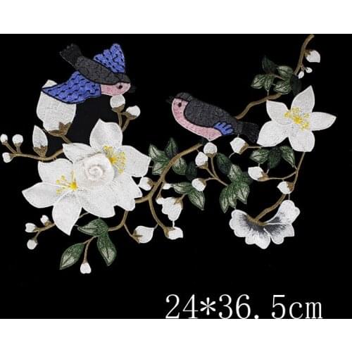 Bird on white flower Embroidered patches para vestuario decorative sew on designer patches for jeans parches bordados para ropa