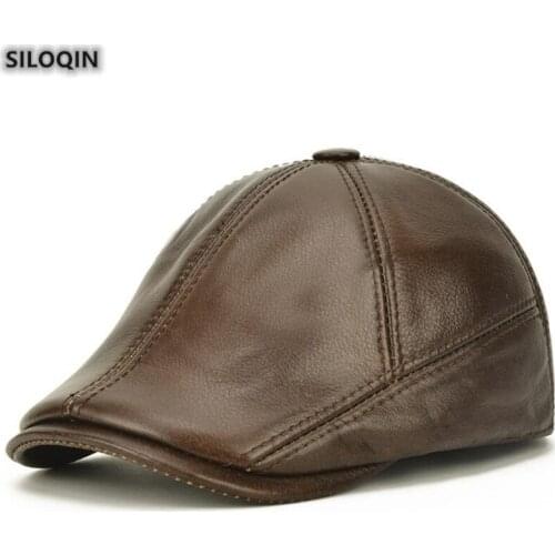 SILOQIN New Genuine Leather hat Mens Winter fashion Cowhide thermal Berets Thicken adjustable size Ear protection Snapback cap