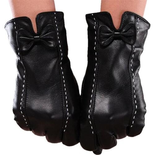 Autumn and winter plus velvet warm driving gloves elegant bow black genuine sheepskin leather gloves women