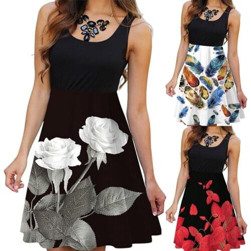 2021 Summer Dress Floral 3D Printing Vest Style Sleeveless Round Neck Tight Waist Dress for Work