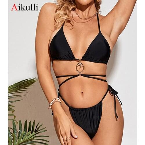 Sexy Black Thong Bikinis Swimwear Women Halter Lace Up Wrap Around Swimsuit 2021 Muje Swim Bathing Suit Summer Female Bikini Set