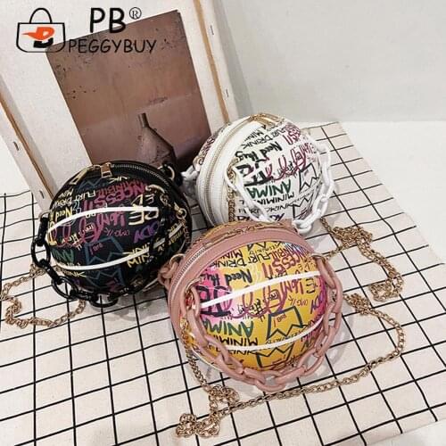 Fashion Personality Women Letter Graffiti Shouder Crossbody Bags Casual PU Leather Round Ball Thin Chain Min Travel Handbags