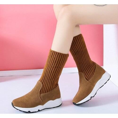 Women Snow Boots Flock Stretch Sock Breathable Platform Plush Fur Booties Suede Warm Shoes Women Winter Boots Snow Sneaker