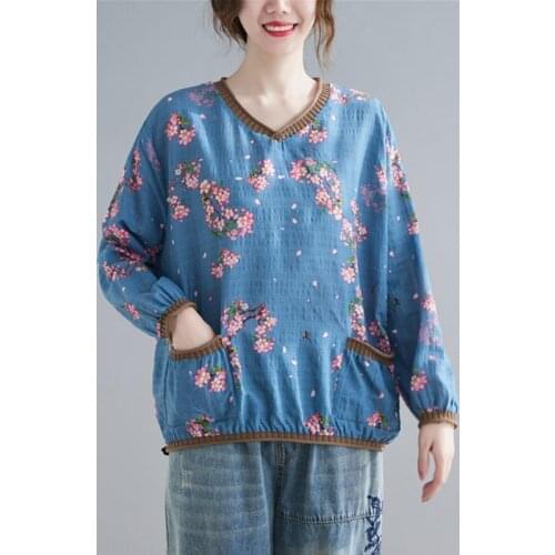 Women Cotton Linen Casual T-shirts New Arrival 2021 Spring Simple Style V-neck Floral Print Loose Female Long Sleeve Tops S2988