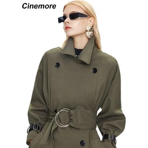 Cinemore 2021 New Sping Autumn Women Trench Coat Fashion Lapel Double Breasted Long Over Knee Blazer Femme Jacket Tops 82014
