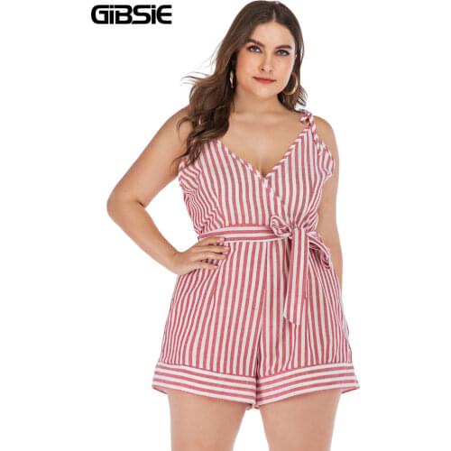 GIBSIE Plus Size Boho Wrap V-neck Striped Cami Romper Women Summer Vacation Beach Playsuit Sleeveless Casual Belted Rompers