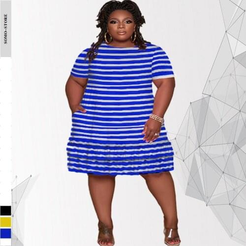 Plus Size Womens Sexy Clothing Round Neck Short Sleeve Striped Pocket Ruffled Simple Casual Swing Dress Wholesale Dropshipping