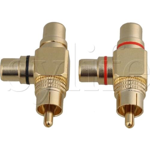 2pcs Audio Right Angle RCA Copper Adapter Splitter 1 Male to 2 Female Gold Tone