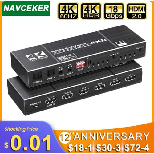 2020 HDMI Matrix 4x2 4K @ 60Hz HDR Switch Splitter 4 in 2 out YUV 4:4:4 Optical SPDIF + 3.5mm jack Audio Extractor HDMI Switcher