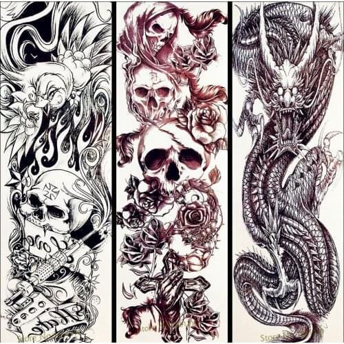 3D Black Dragon Skull Waterproof Temporary Tattoo Stickers Women Body Art Flash Full Arm Sleeve Fake Tattoo Decals Men GQB-020
