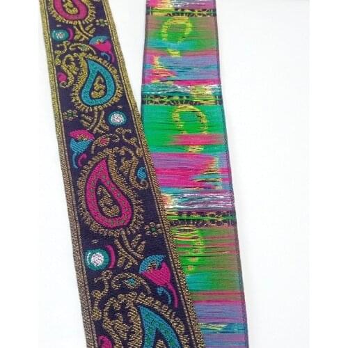 40mm 4cm 1-5/8'' Quality Bronze Colorful Paisley Blue Pink Metallic Lace National Jacquard Ribbon Woven Webbing Curtain Laciness