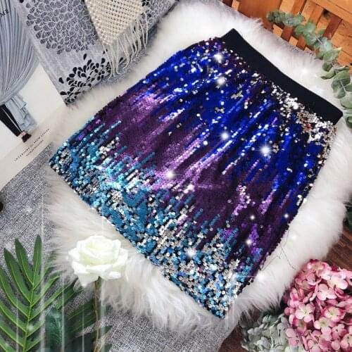 Cakucool Full Sequined Shiny Mini Skirt Elastic Waist A-Line Sexy Evening Party Skirts Slim Simmer Gradient Color Patch Skirt